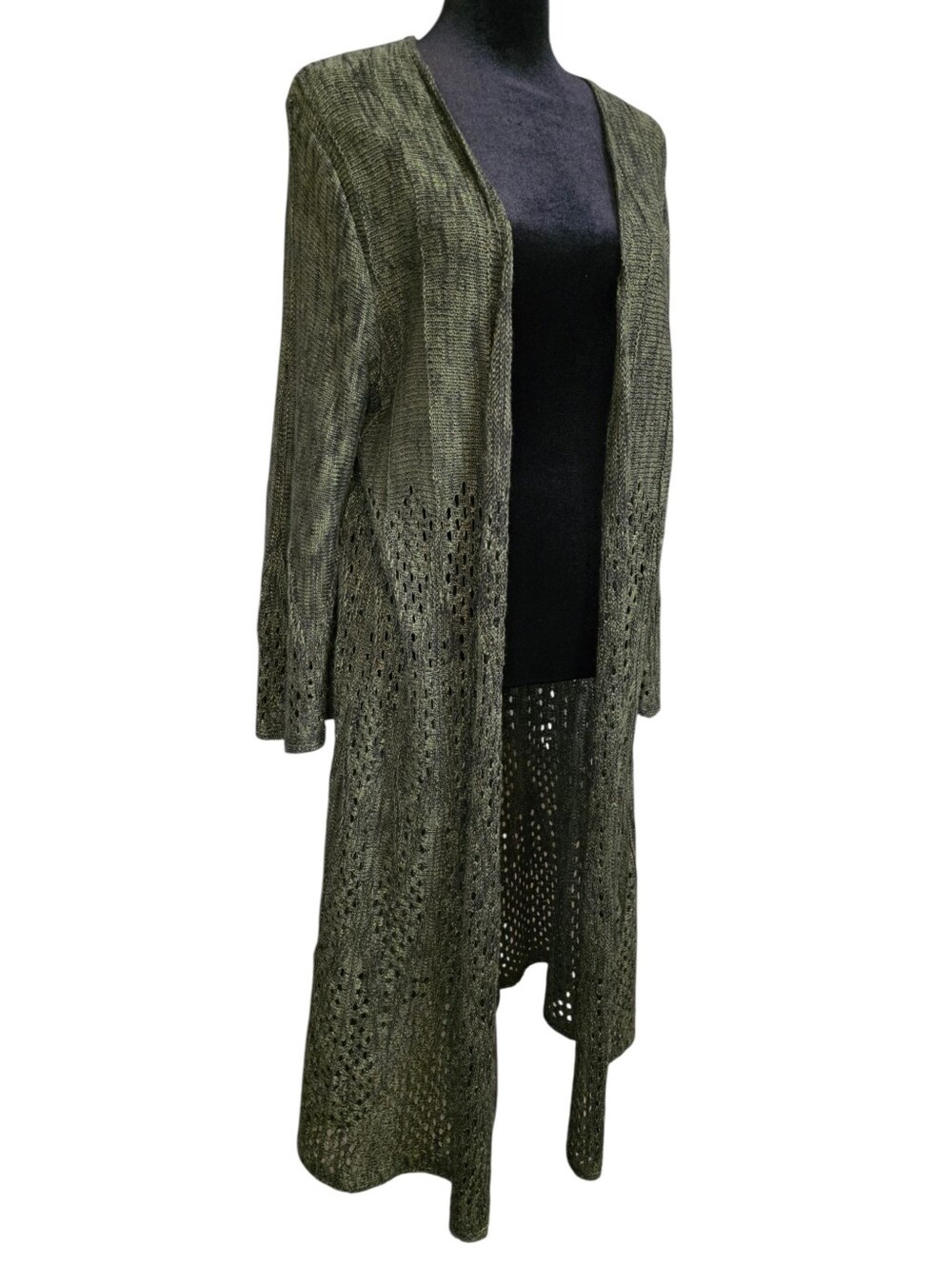 Forest Dark Green Open Knit Duster Cardigan Bell Sleeve XL Fairy Boho  Earthy - Picture 3 of 12